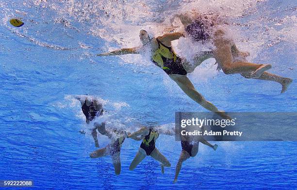 Keesja Gofers of Australia competes during the Women's Water Polo 5th - 6th Classification match between Australia and Spain on Day 14 of the Rio...