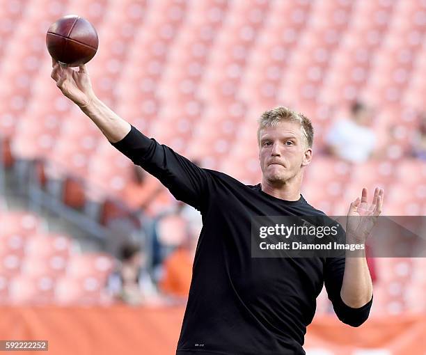Quarterback Matt Simms of the Atlanta Falcons throws a pass prior to a preseason game against the Cleveland Browns on August 18, 2016 at FirstEnergy...