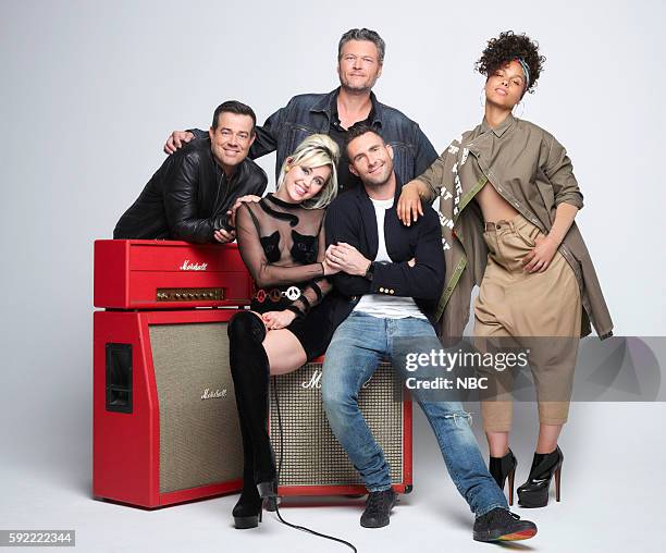 Pictured: Carson Daly, Miley Cyrus, Blake Shelton, Adam Levine, Alicia Keys --