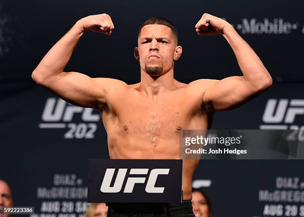Nate Diaz poses on the scale during the UFC 202 weigh-in at the MGM Grand Hotel & Casino on August 19, 2016 in Las Vegas, Nevada.