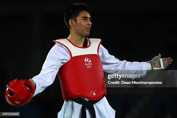 Hayder Shkara of Australia reacts in his Men's Taekwondo -80kg Repechage match against Steven Lopez of the United States on Day 14 of the Rio 2016...