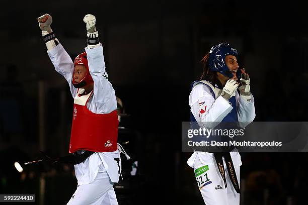 Chia-Chia Chuang of Chinese Taipei celebrates defeating Melissa Pagnotta of Canada in the Women's Taekwondo -67kg Repechage on Day 14 of the Rio 2016...