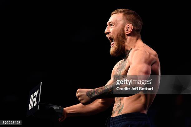 Conor McGregor of Ireland steps on the scale during the UFC 202 weigh-in at the MGM Grand Marquee Ballroom on August 19, 2016 in Las Vegas, Nevada.