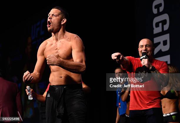 Nate Diaz interacts with the crowd during the UFC 202 weigh-in at the MGM Grand Marquee Ballroom on August 19, 2016 in Las Vegas, Nevada.