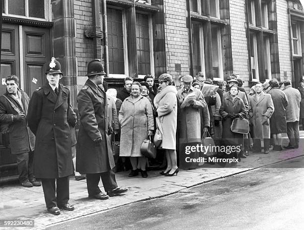 Crowd scene outside Hyde Court, Manchester, 10th December 1965. Queue of people waiting to enter gallery and watch latest proceedings. The Moors...