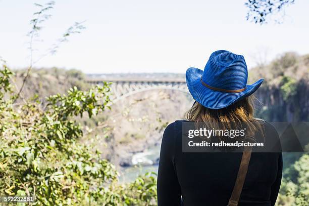 rear view of young woman looking out at bridge, victoria falls, zambia - victoria falls stock pictures, royalty-free photos & images