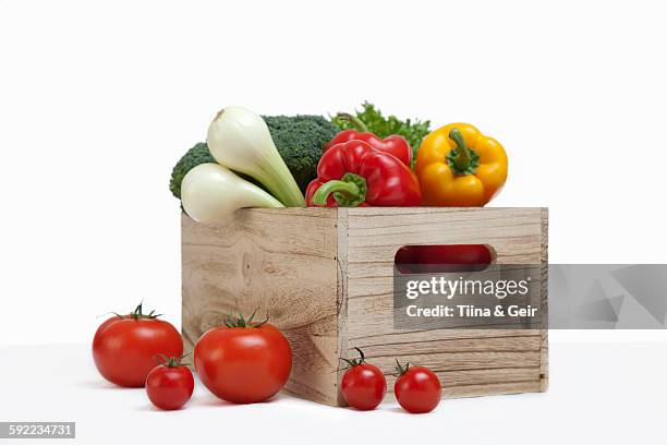 wood crate filled with fresh vegetables - fruit box stock pictures, royalty-free photos & images