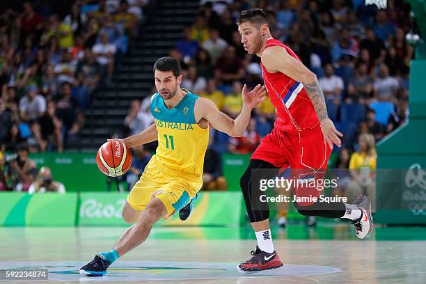 Kevin Lisch of Australia drives the ball during the Men's Semifinal match against Serbia on Day 14 of the Rio 2016 Olympic Games at Carioca Arena 1...