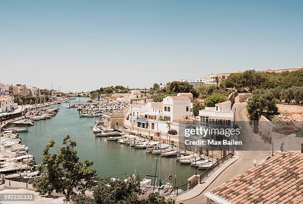 elevated view of boats and harbour, ciutadella, menorca, spain - menorca stockfoto's en -beelden