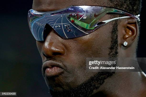 Nigel Levine of Great Britain prepares to compete in the first heat of Round One of the Men's 4 x 400m Relay on Day 14 of the Rio 2016 Olympic Games...