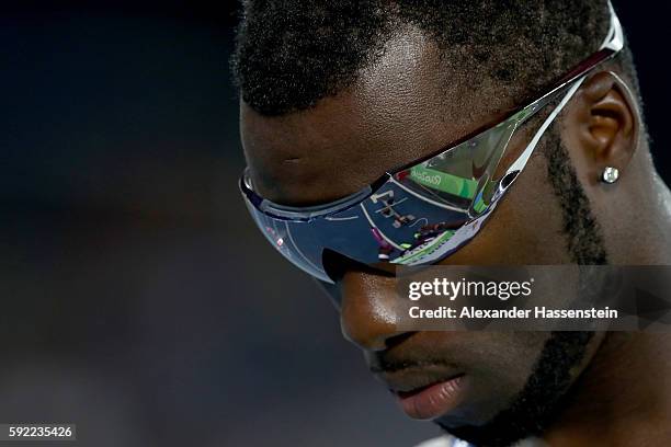 Nigel Levine of Great Britain prepares to compete in the first heat of Round One of the Men's 4 x 400m Relay on Day 14 of the Rio 2016 Olympic Games...