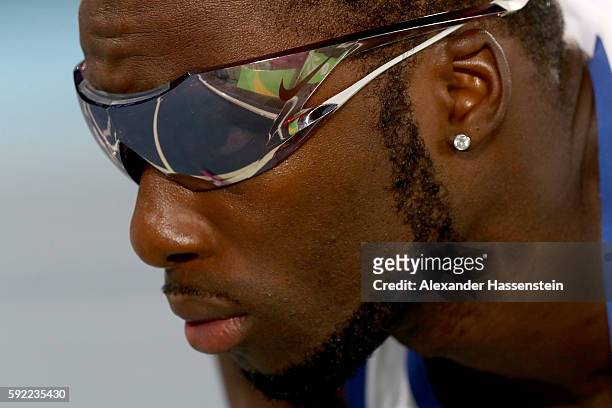 Nigel Levine of Great Britain prepares to compete in the first heat of Round One of the Men's 4 x 400m Relay on Day 14 of the Rio 2016 Olympic Games...