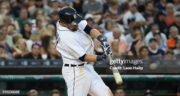 Casey McGehee of the Detroit Tigers singles in the fourth inning of the game against the Boston Red Sox on August 19, 2016 at Comerica Park in...