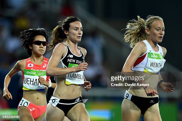 Nikki Hamblin of New Zealand and Miyuki Uehara of Japan compete during the Women's 5000m Final on Day 14 of the Rio 2016 Olympic Games at the Olympic...