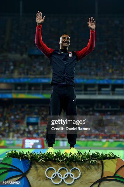 Gold medalist, Ashton Eaton of the United States poses on the podium during the medal ceremony for the Men's Decathlon on Day 14 of the Rio 2016...