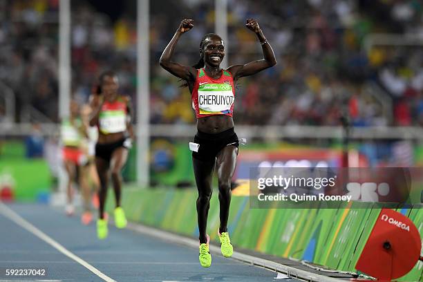 Vivian Jepkemoi Cheruiyot of Kenya celebrates winnning the Women's 5000m Final on Day 14 of the Rio 2016 Olympic Games at the Olympic Stadium on...