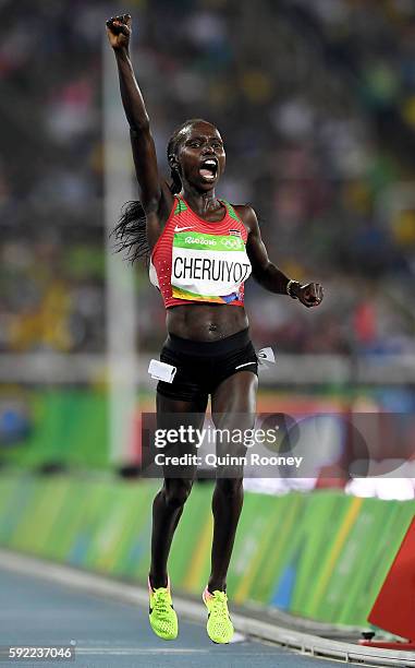 Vivian Jepkemoi Cheruiyot of Kenya celebrates winnning the Women's 5000m Final on Day 14 of the Rio 2016 Olympic Games at the Olympic Stadium on...