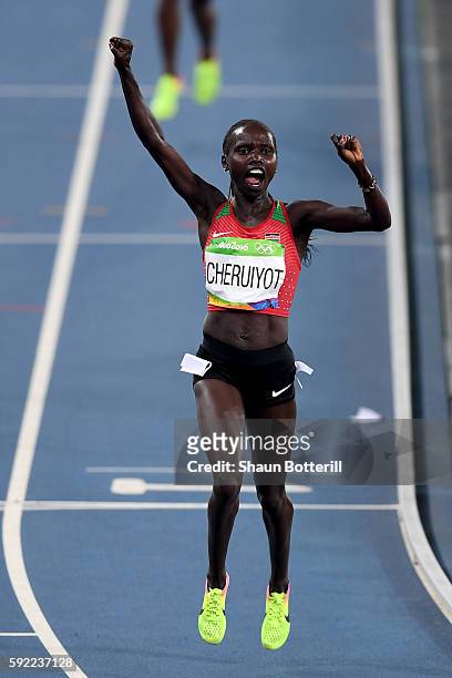 Vivian Jepkemoi Cheruiyot of Kenya celebrates winnning the Women's 5000m Final on Day 14 of the Rio 2016 Olympic Games at the Olympic Stadium on...