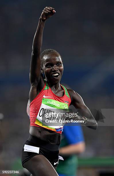 Vivian Jepkemoi Cheruiyot of Kenya celebrates winning the Women's 5000m Final and setting a new Olympic record of 14:26.17 on Day 14 of the Rio 2016...