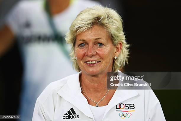 Head coach Silvia Neid of Germany seen following the Women's Olympic Gold Medal match between Sweden and Germany at Maracana Stadium on August 19,...