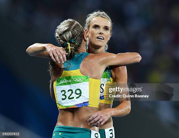 Genevieve Lacaze and Ella Nelson of Australia react after the Women's 5000m Final and setting a new Olympic record of 14:26.17 on Day 14 of the Rio...