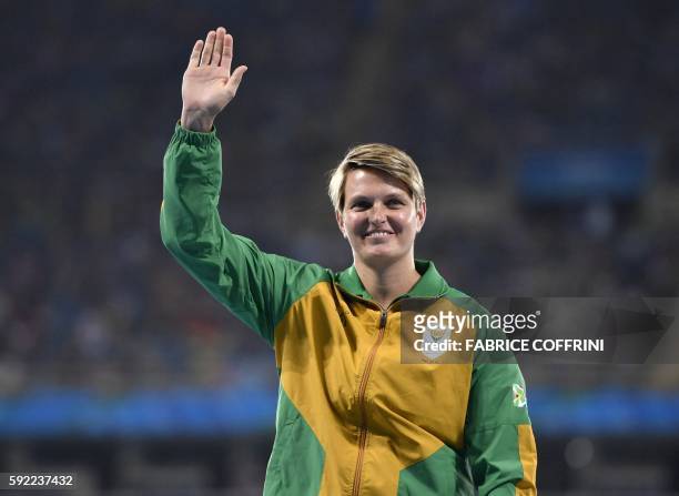 South Africa's Sunette Viljoen poses during the podium ceremony for the Women's Javelin Throw during the athletics event at the Rio 2016 Olympic...