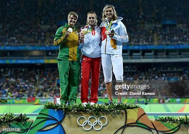 Silver medalist, Sunette Viljoen of South Africa, gold medalist, Sara Kolak of Croatia, and bronze medalist Barbora Spotakova of the Czech Republic,...