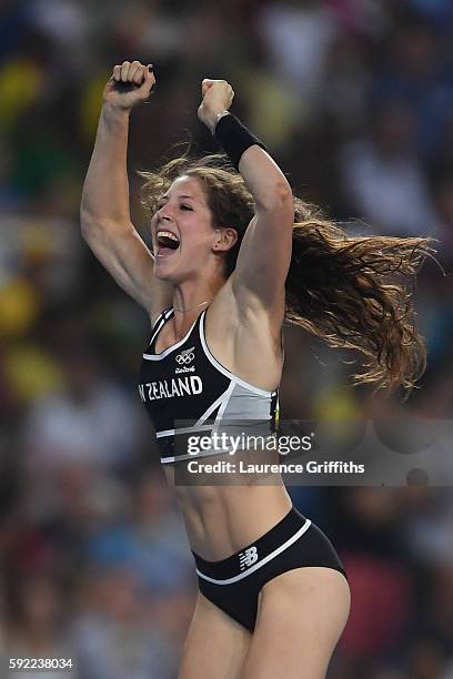 Eliza Mccartney of New Zealand celebrates in the Women's Pole Vault Final on Day 14 of the Rio 2016 Olympic Games at the Olympic Stadium on August...