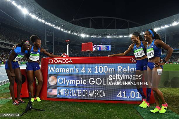 S Tori Bowie, USA's Tianna Bartoletta, USA's Allyson Felix and USA's English Gardner pose by the results board after they won the Women's 4x100m...
