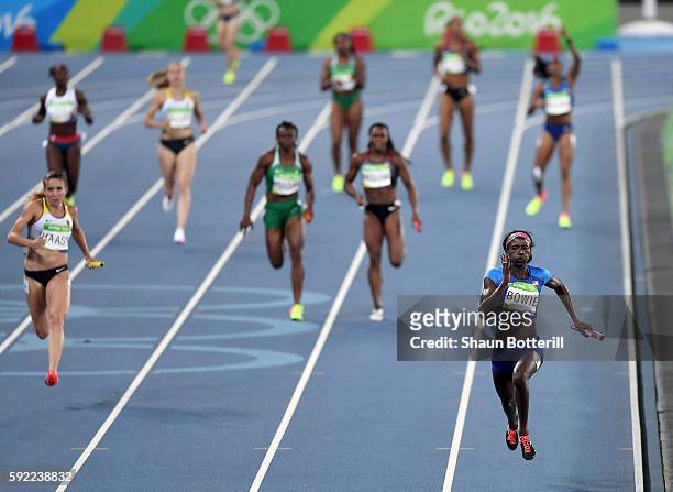 Tori Bowie of the United States competes in the Women's 4 x 100m Relay Final on Day 14 of the Rio 2016 Olympic Games at the Olympic Stadium on August...