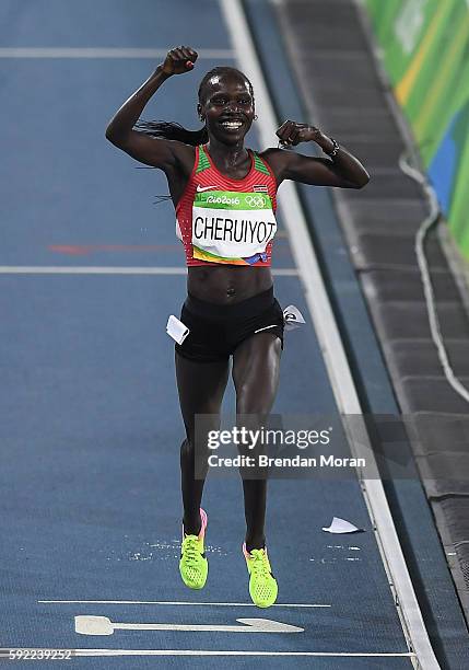 Rio , Brazil - 19 August 2016; Vivian Jepkemoi Cheruiyot of Kenya celebrates winning the Women's 5000m final in a world record time of 14:26.17 in...