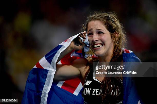 Eliza Mccartney of New Zealand celebrates winning bronze in the Women's Pole Vault Final on Day 14 of the Rio 2016 Olympic Games at the Olympic...