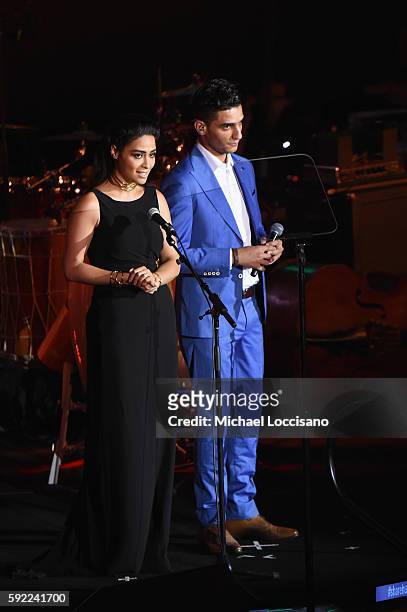 Actress Yasmine Al Massri and singer Mohammed Assaf address the audience during the 2016 World Humanitarian Day: One Humanity Event at the United...