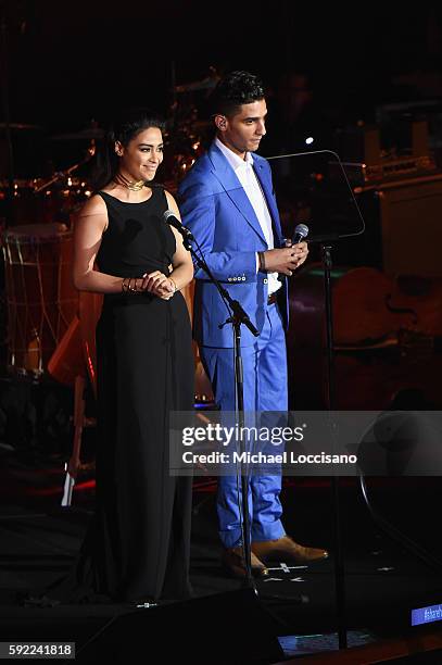 Actress Yasmine Al Massri and singer Mohammed Assaf address the audience during the 2016 World Humanitarian Day: One Humanity Event at the United...