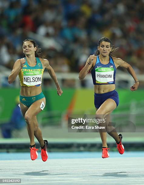 Ella Nelson of Australia and Jenna Prandini of the United States compete during the Women's 200m semifinal on Day 11 of the Rio 2016 Olympic Games at...