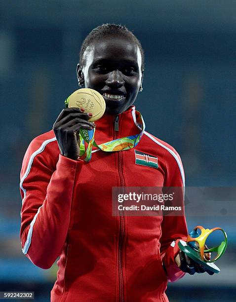 Gold medalist, Vivian Jepkemoi Cheruiyot of Kenya, poses on the podium during the medal ceremony for the Women's 5000m on Day 14 of the Rio 2016...
