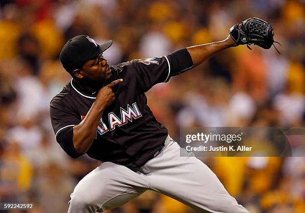 Fernando Rodney of the Miami Marlins celebrates after defeating the Pittsburgh Pirates 6-5 at PNC Park on August 19, 2016 in Pittsburgh, Pennsylvania.