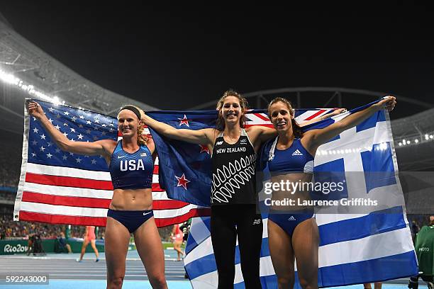 Silver medalist Sandi Morris of the United States, gold medalist, Ekaterini Stefanidi of Greece and bronze medalist, Eliza Mccartney of New Zealand...
