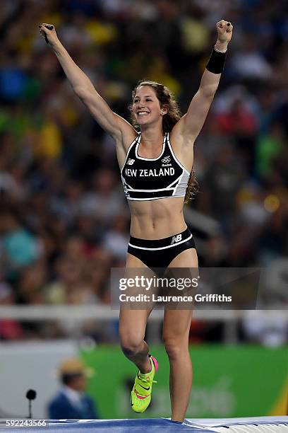 Eliza Mccartney of New Zealand competes in the Women's Pole Vault Final on Day 14 of the Rio 2016 Olympic Games at the Olympic Stadium on August 19,...