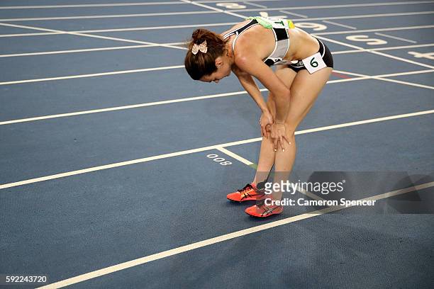 Nikki Hamblin of New Zealand reacts after the Women's 5000m Final and setting a new Olympic record of 14:26.17 on Day 14 of the Rio 2016 Olympic...