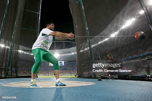 Dilshod Nazarov of Tajikistan competes in the Men's Hammer Throw Final on Day 14 of the Rio 2016 Olympic Games at the Olympic Stadium on August 19,...