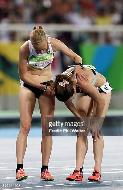 Jennifer Wenth of Austria and Nikki Hamblin of New Zealand react after the Women's 5000m Final and setting a new Olympic record of 14:26.17 on Day 14...