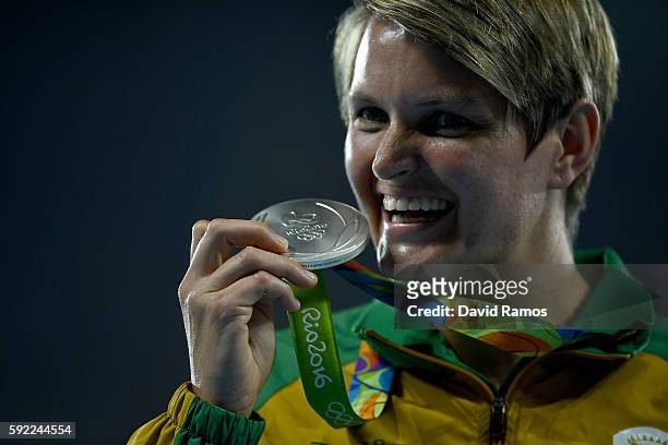 Silver medalist, Sunette Viljoen of South Africa, poses on the podium during the medal ceremony for the Women's Javelin Throw on Day 14 of the Rio...