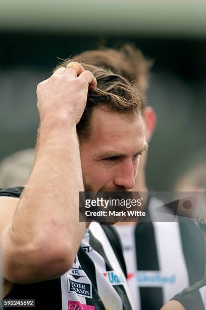 Travis Cloke of Collingwood Magpies looks on quarter time during the round 20 VFL match between the Box Hill Hawks and the Collingwood Magpies at Box...