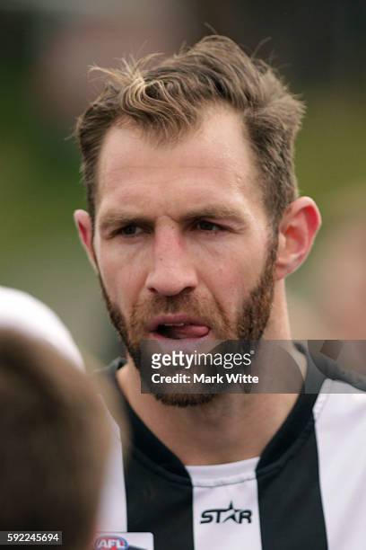 Travis Cloke of Collingwood Magpies looks on quarter time during the round 20 VFL match between the Box Hill Hawks and the Collingwood Magpies at Box...