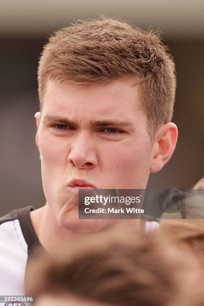 Mason Cox thinks abouts his game at quarter time during the round 20 VFL match between the Box Hill Hawks and the Collingwood Magpies at Box Hill...