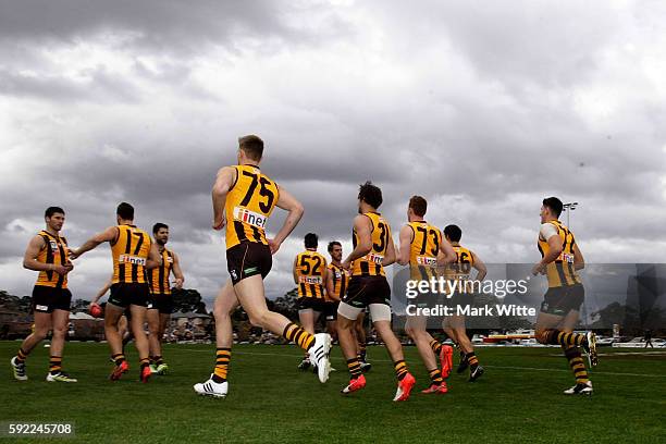 Box Hill run out before the round 20 VFL match between the Box Hill Hawks and the Collingwood Magpies at Box Hill City Oval on August 20, 2016 in...