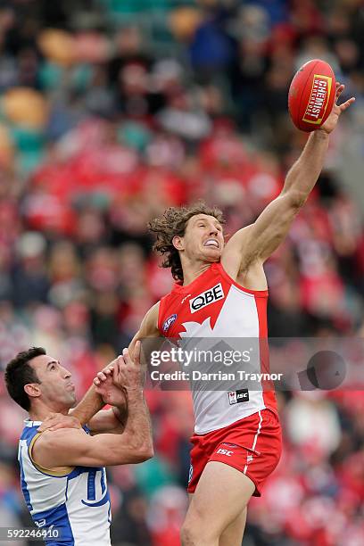 Michael Firrito of the Kangaroos and Kurt Tippett of the Swans compete for the ball during the round 22 AFL match between the North Melbourne...