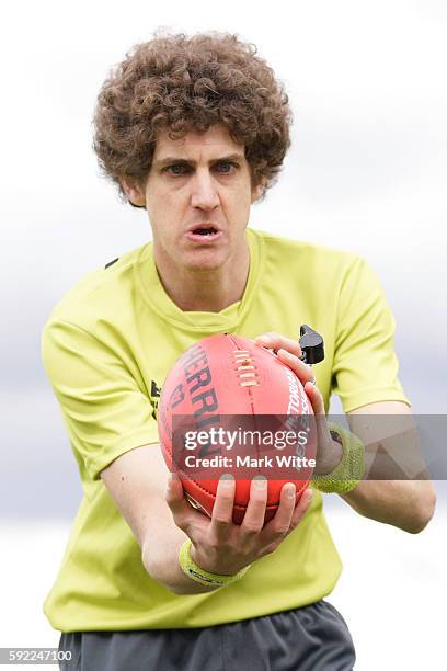 The Boundary umpire throws the ball back into play during the round 20 VFL match between the Box Hill Hawks and the Collingwood Magpies at Box Hill...