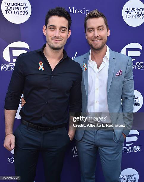 Michael Turchin and singer Lance Bass attend a cocktail reception Benefit for onePULSE Foundation at NeueHouse Hollywood on August 19, 2016 in Los...